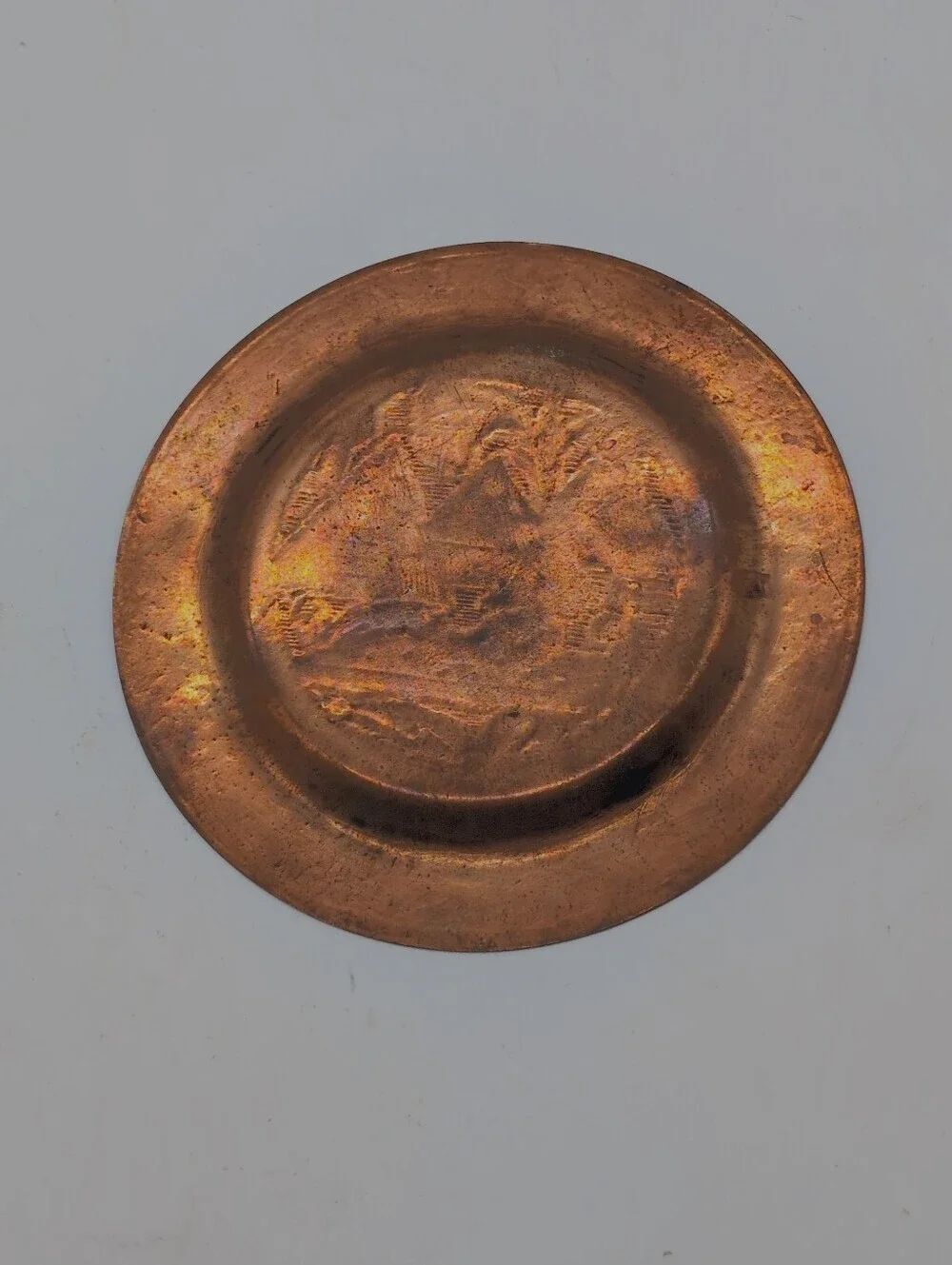 Vintage Egyptian Copper Coasters Small Plates Sphinx & Pyramids - Pair of 2